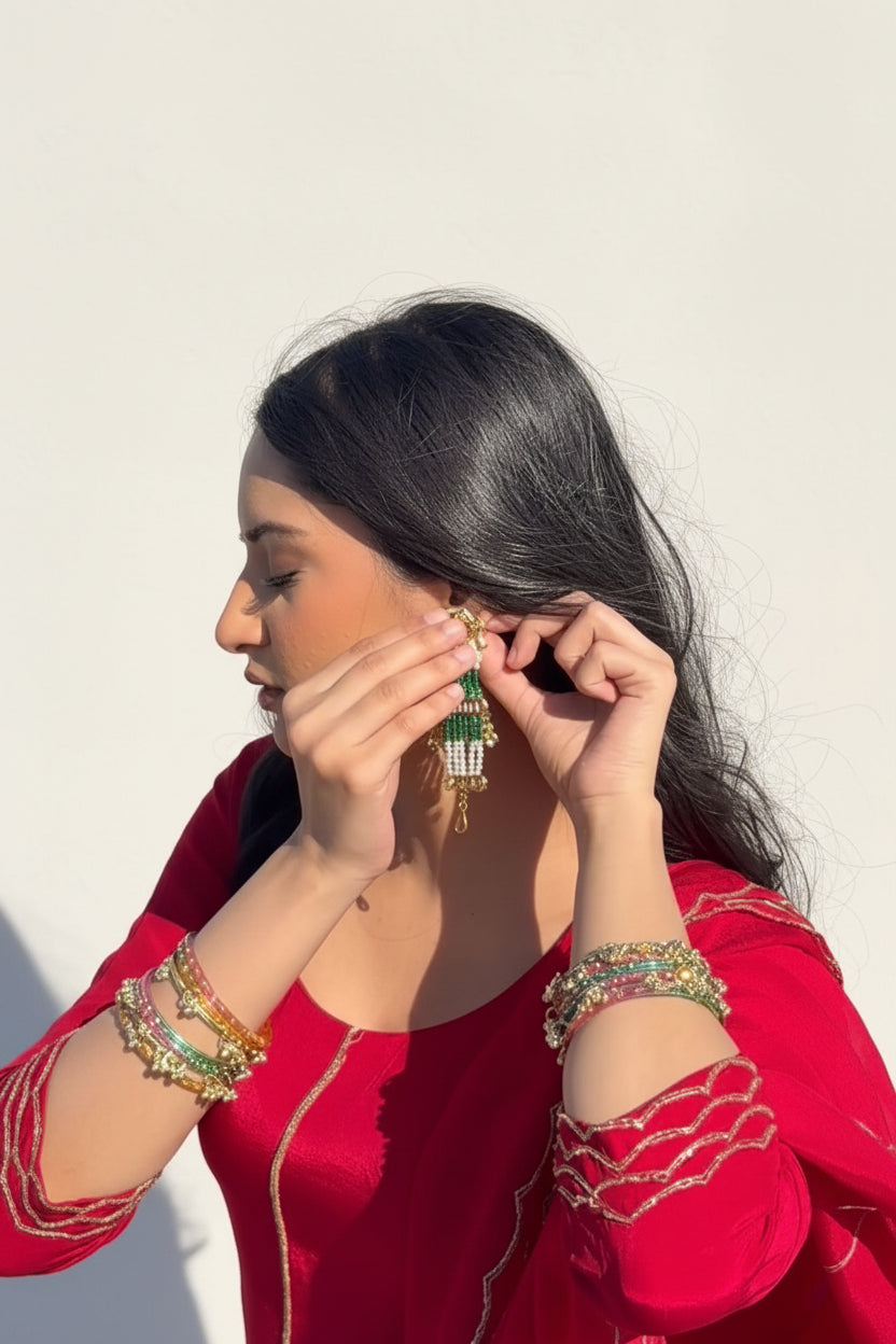Model wearing Roohanii jewelry